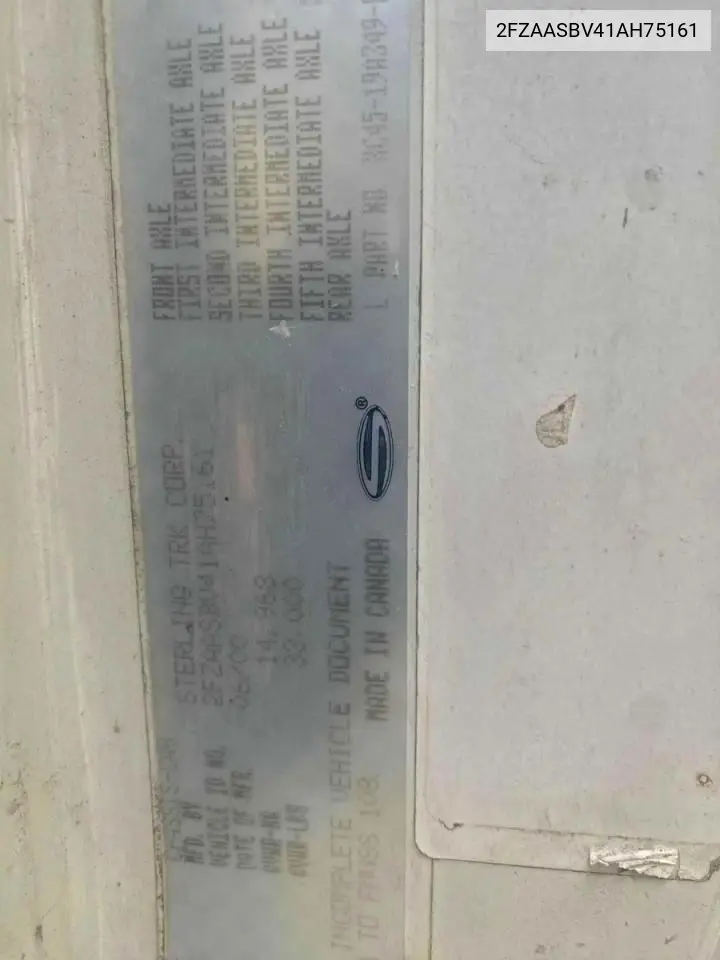 2FZAASBV41AH75161 2001 Sterling Truck L 7500