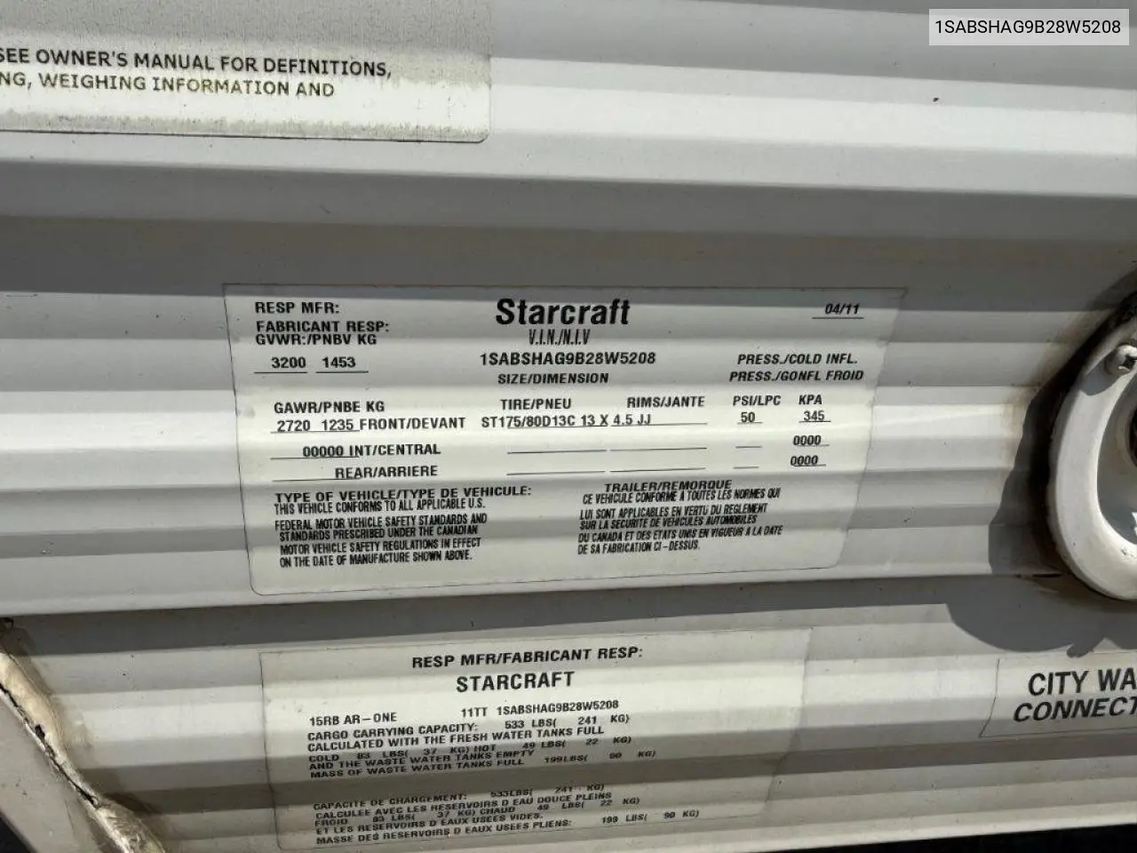1SABSHAG9B28W5208 2011 Starcraft Ar-One Max