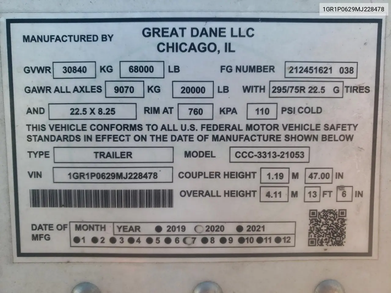 2021 Great Dane Cc-3313-21053 Dry Van Trailer VIN: 1GR1P0629MJ228478 Lot: 96247185