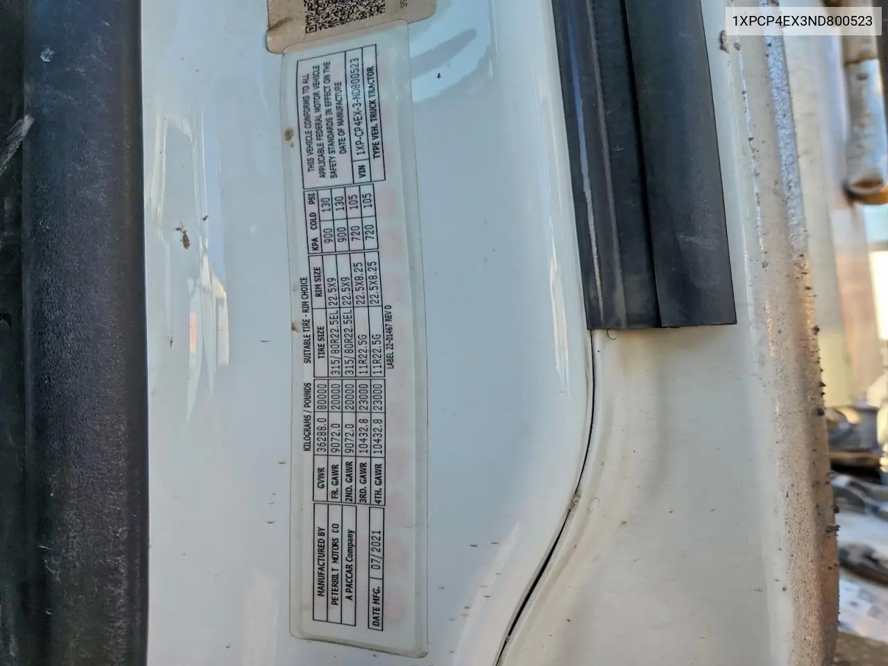 2022 Peterbilt 567 Semi Truck VIN: 1XPCP4EX3ND800523 Lot: 96616275