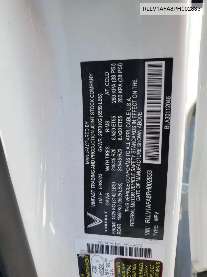 RLLV1AFA8PH002833 2023 Vinfast Trading And Production Llc Vf 8 Plus