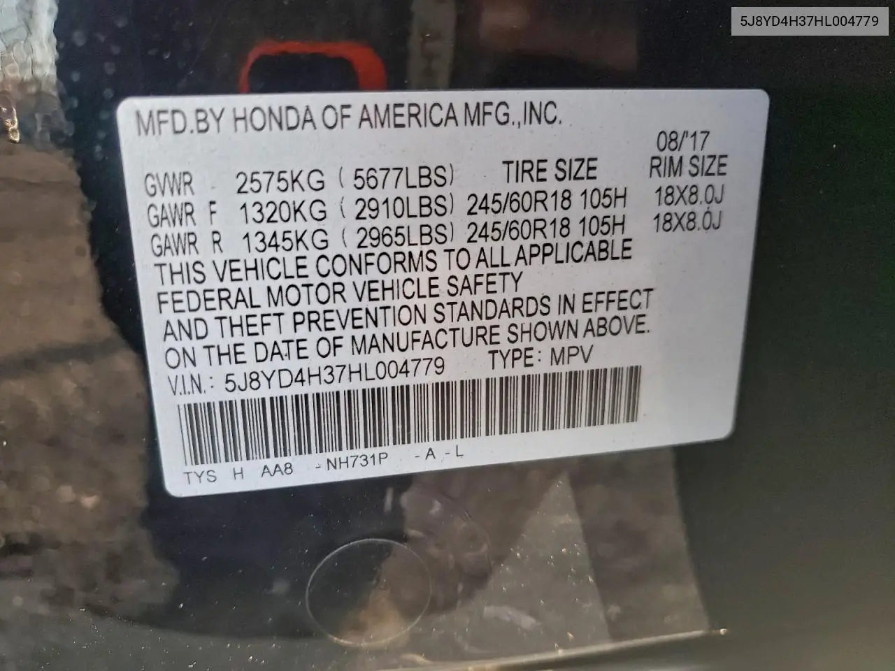 5J8YD4H37HL004779 2017 Acura Mdx