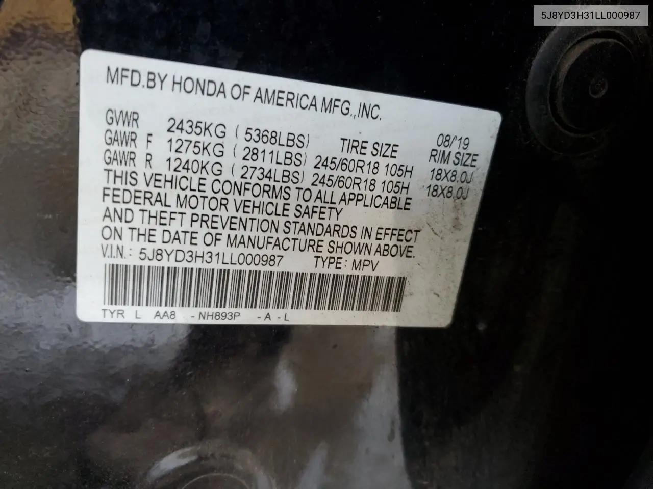 5J8YD3H31LL000987 2020 Acura Mdx
