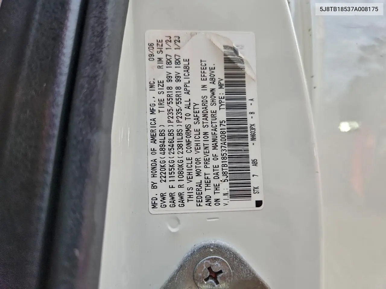 5J8TB18537A008175 2007 Acura Rdx Technology