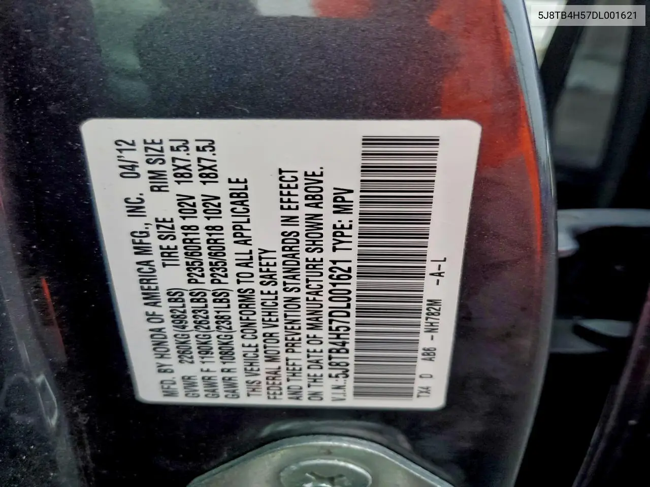 5J8TB4H57DL001621 2013 Acura Rdx Technology