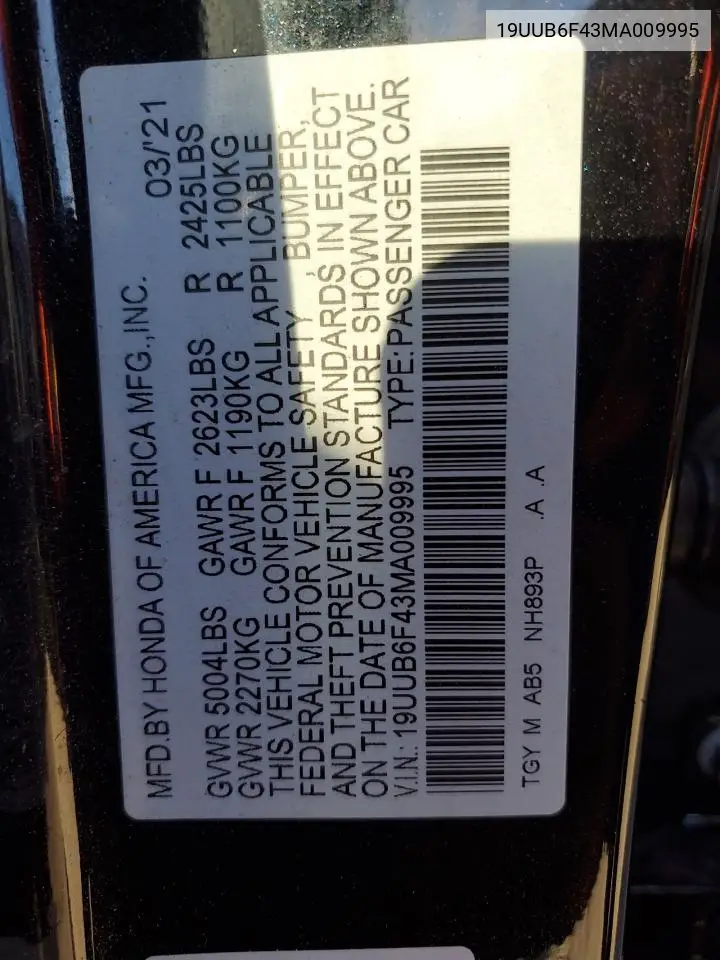 19UUB6F43MA009995 2021 Acura Tlx Technology