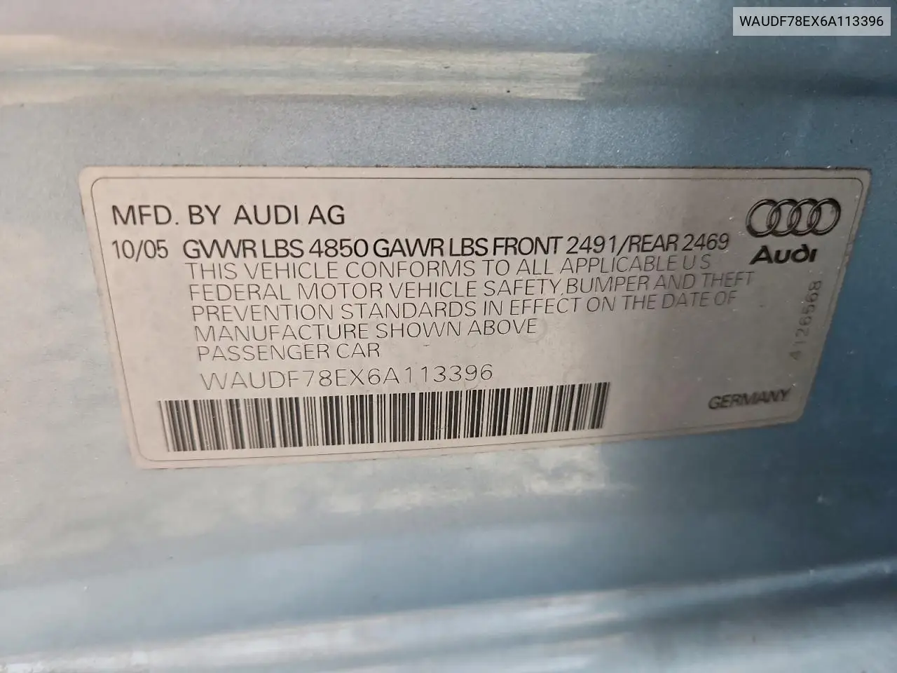 WAUDF78EX6A113396 2006 Audi A4 2.0T Quattro