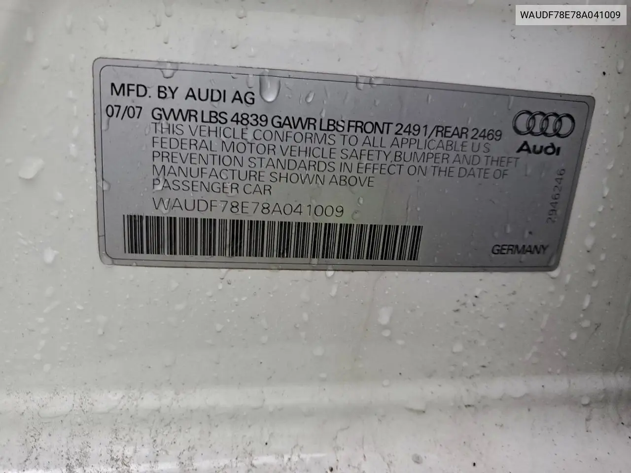 WAUDF78E78A041009 2008 Audi A4 2.0T Quattro
