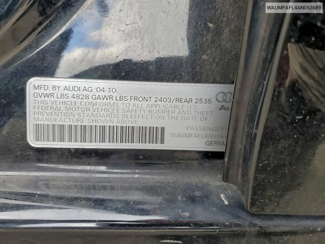 WAUMFAFL4AN063689 2010 Audi A4 Prestige