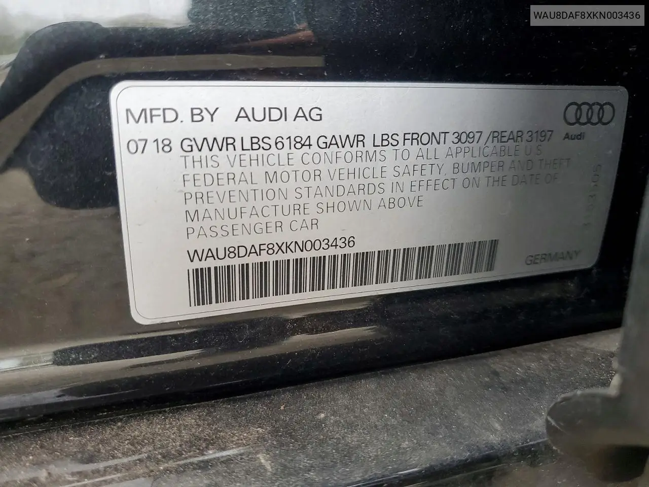 2019 Audi A8 L VIN: WAU8DAF8XKN003436 Lot: 77144975