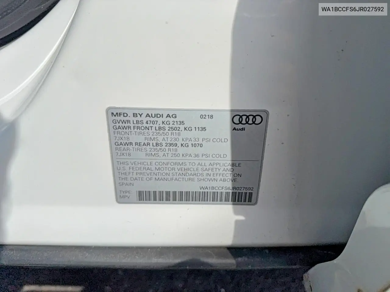 WA1BCCFS6JR027592 2018 Audi Q3 Premium