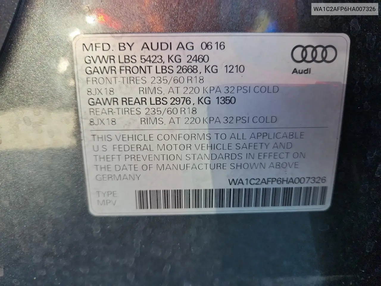 WA1C2AFP6HA007326 2017 Audi Q5 Premium