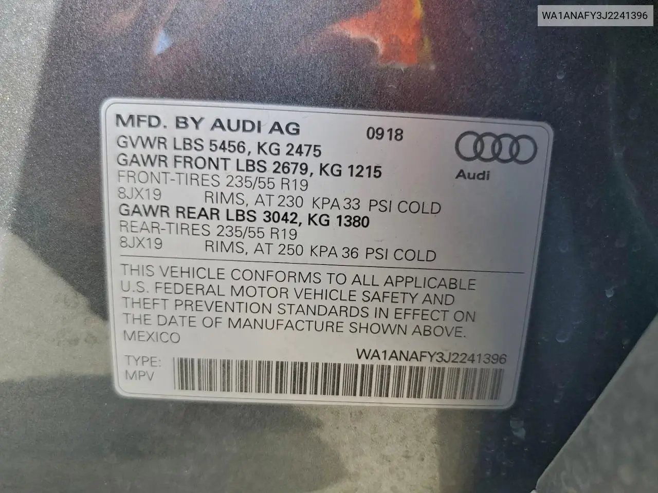 WA1ANAFY3J2241396 2018 Audi Q5 Premium