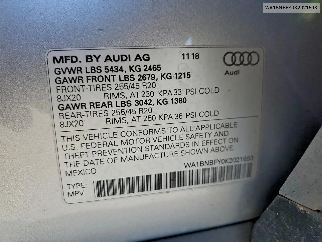 WA1BNBFY0K2021693 2019 Audi Q5 Premium Plus