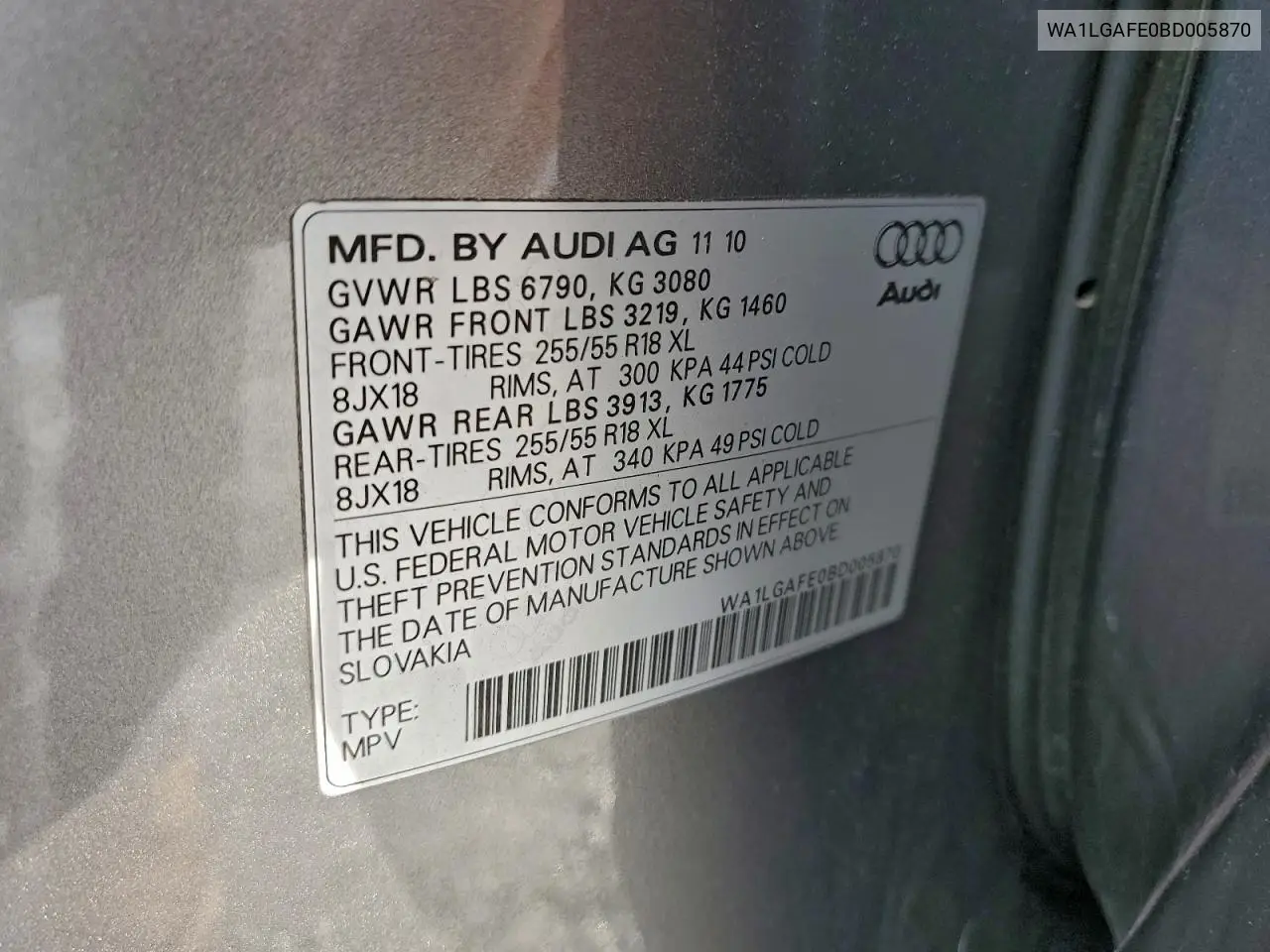 WA1LGAFE0BD005870 2011 Audi Q7 Premium Plus