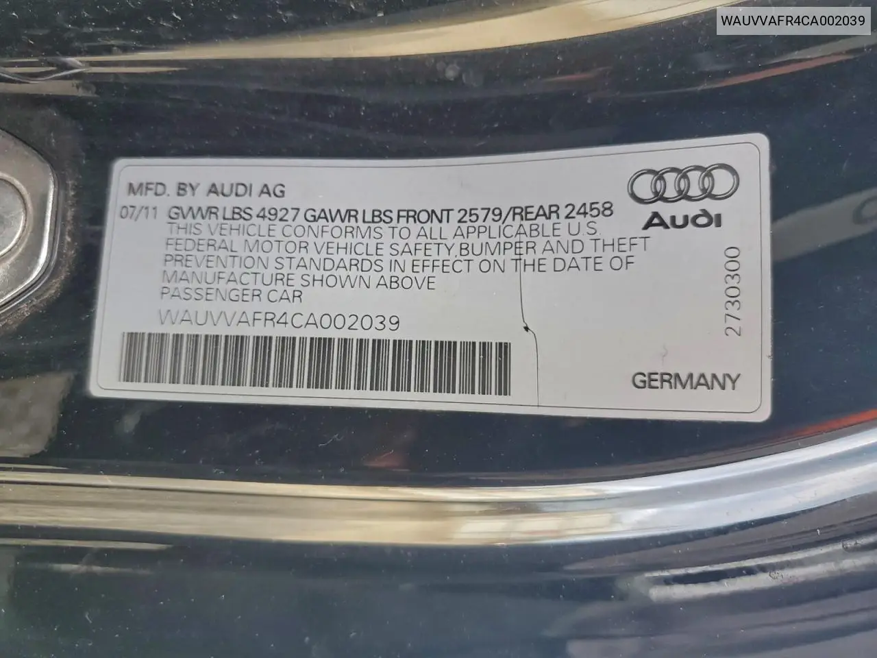 WAUVVAFR4CA002039 2012 Audi S5 Prestige