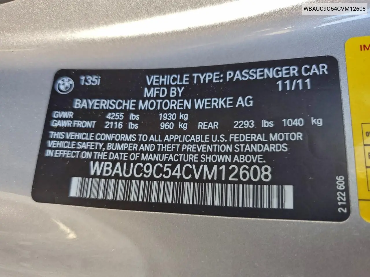 WBAUC9C54CVM12608 2012 BMW 135 I