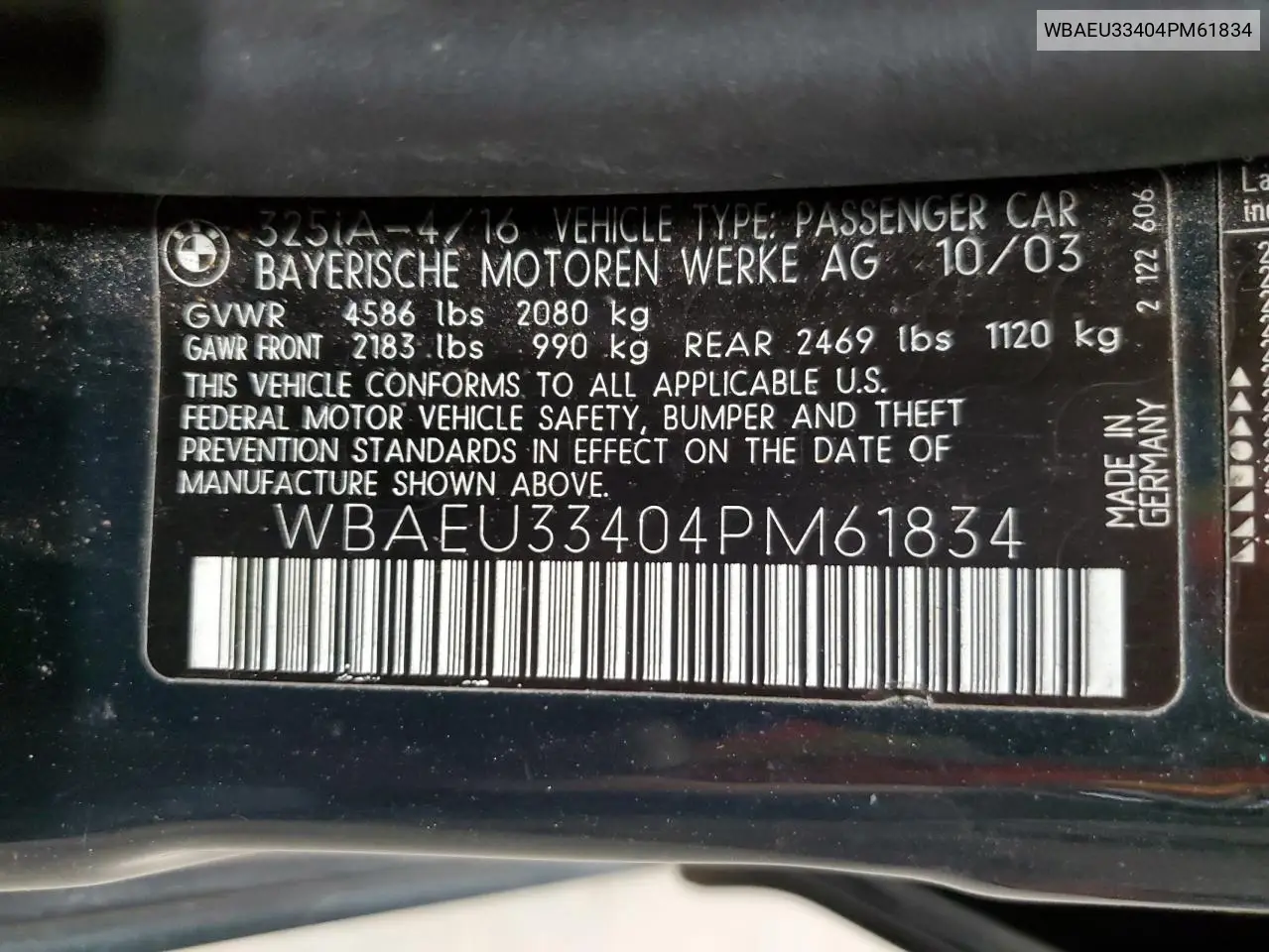 WBAEU33404PM61834 2004 BMW 325 Xi