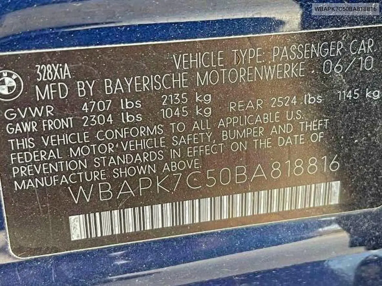 WBAPK7C50BA818816 2011 BMW 328 Xi