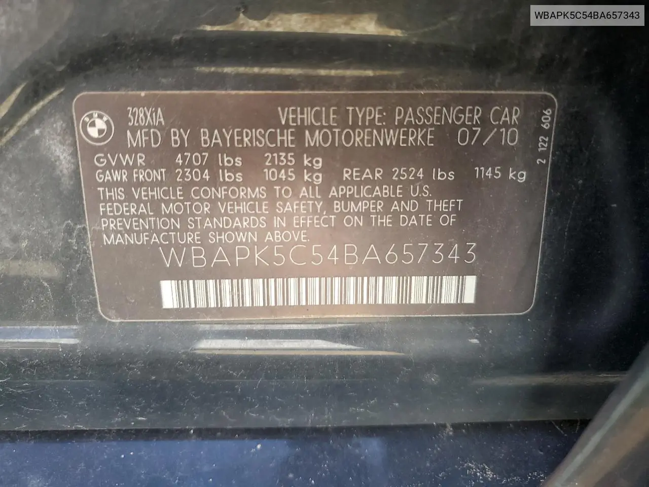 WBAPK5C54BA657343 2011 BMW 328 Xi Sulev