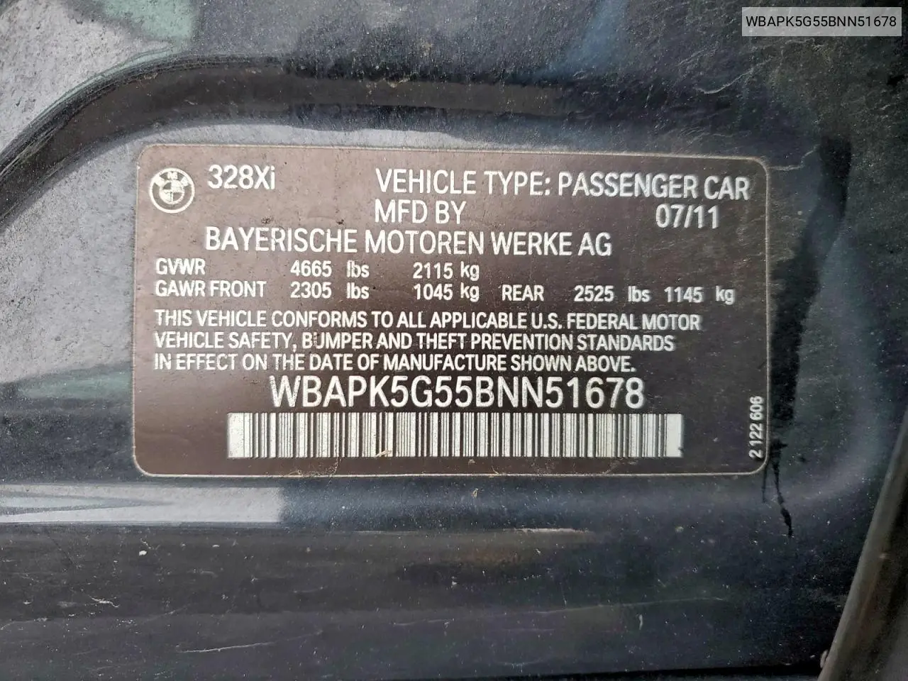 WBAPK5G55BNN51678 2011 BMW 328 Xi Sulev