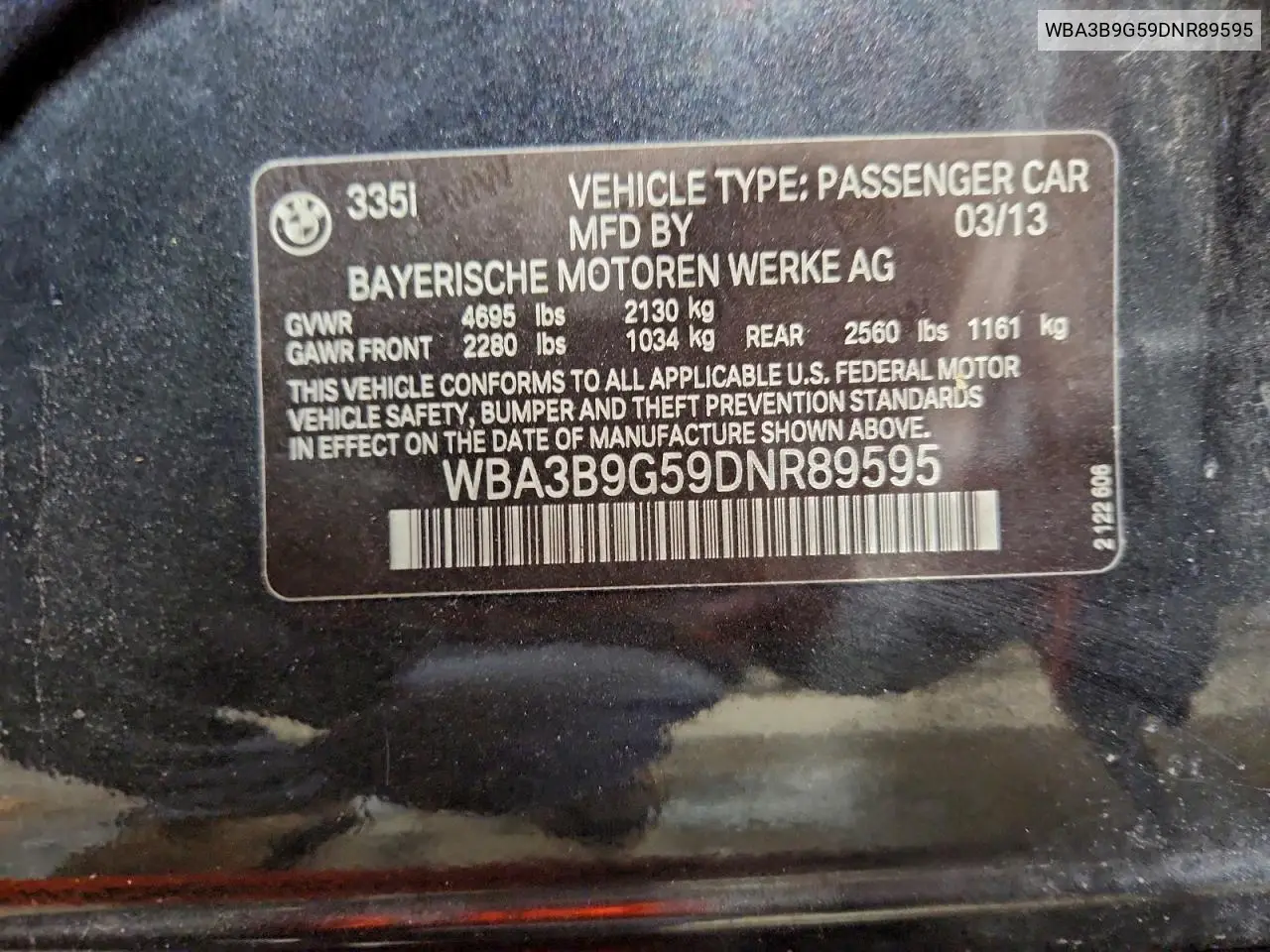 WBA3B9G59DNR89595 2013 BMW 335 Xi