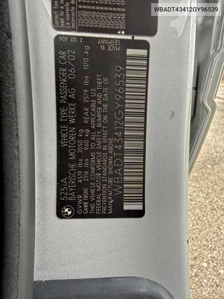WBADT43412GY96539 2002 BMW 525 I Automatic