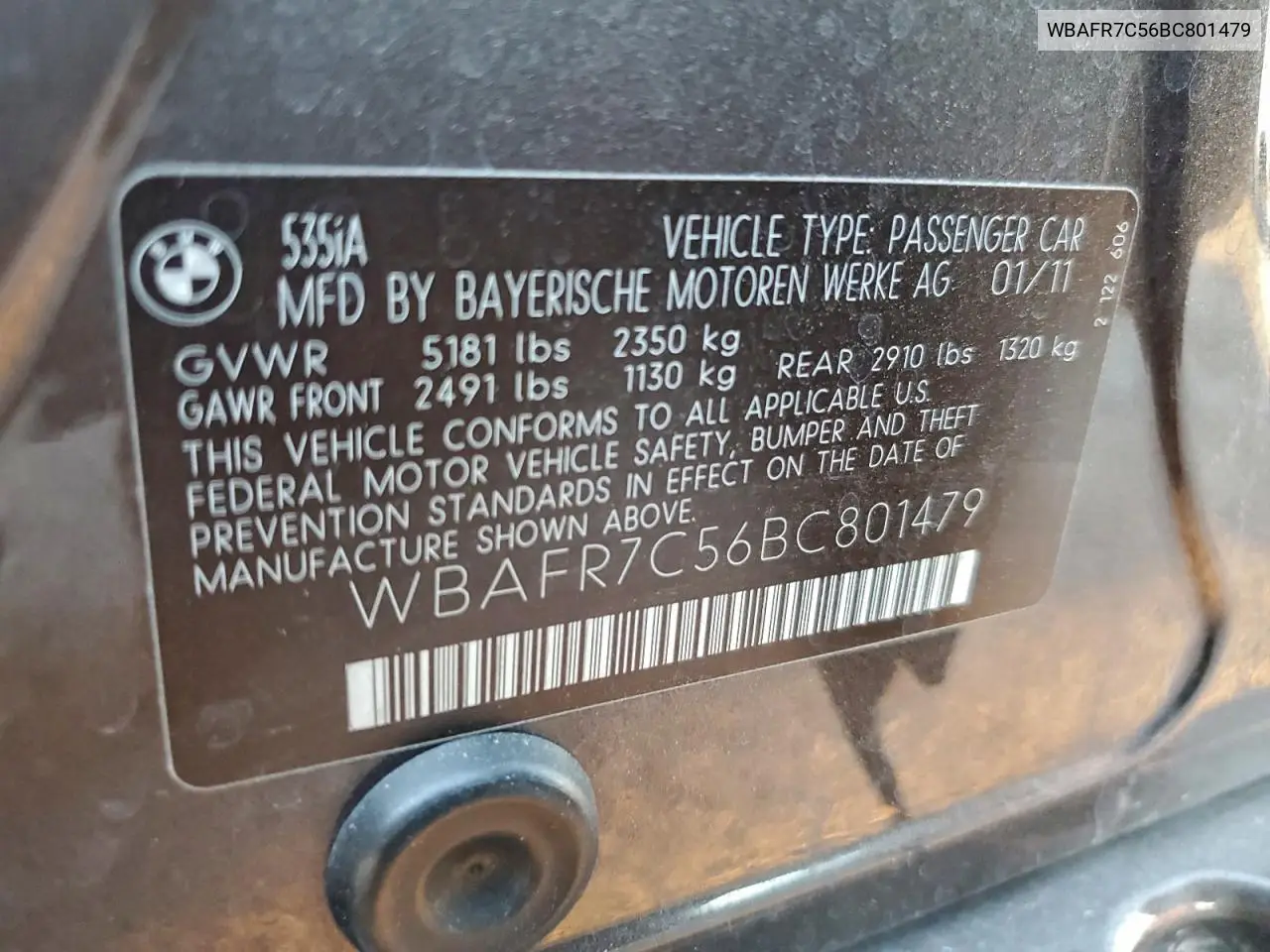 WBAFR7C56BC801479 2011 BMW 535 I