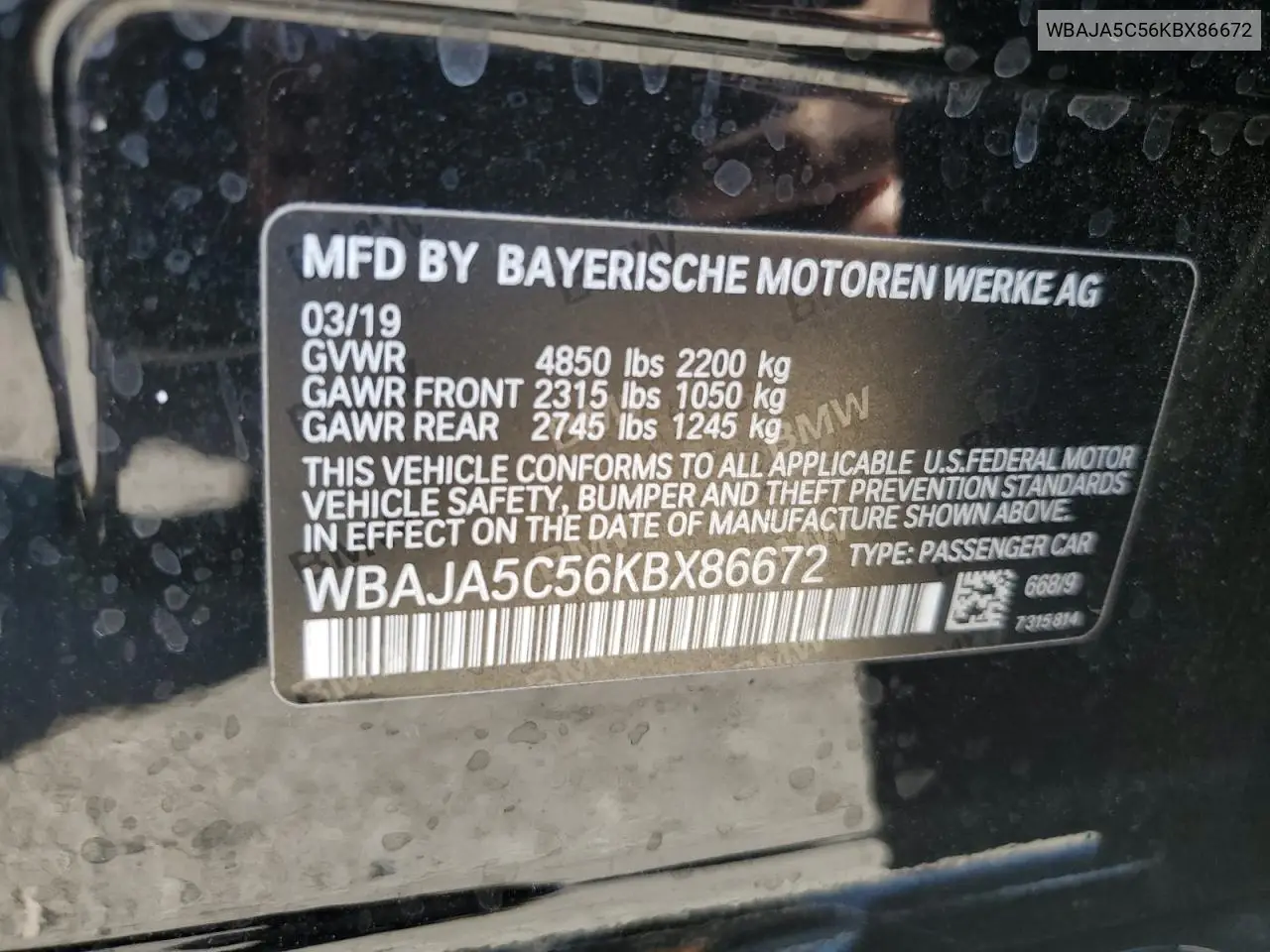 WBAJA5C56KBX86672 2019 BMW 530 I