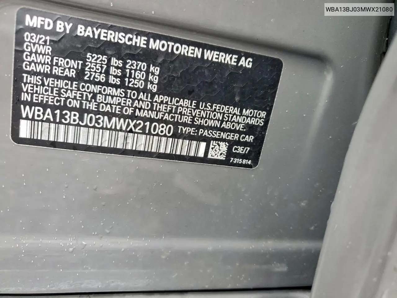 WBA13BJ03MWX21080 2021 BMW 530 Xi