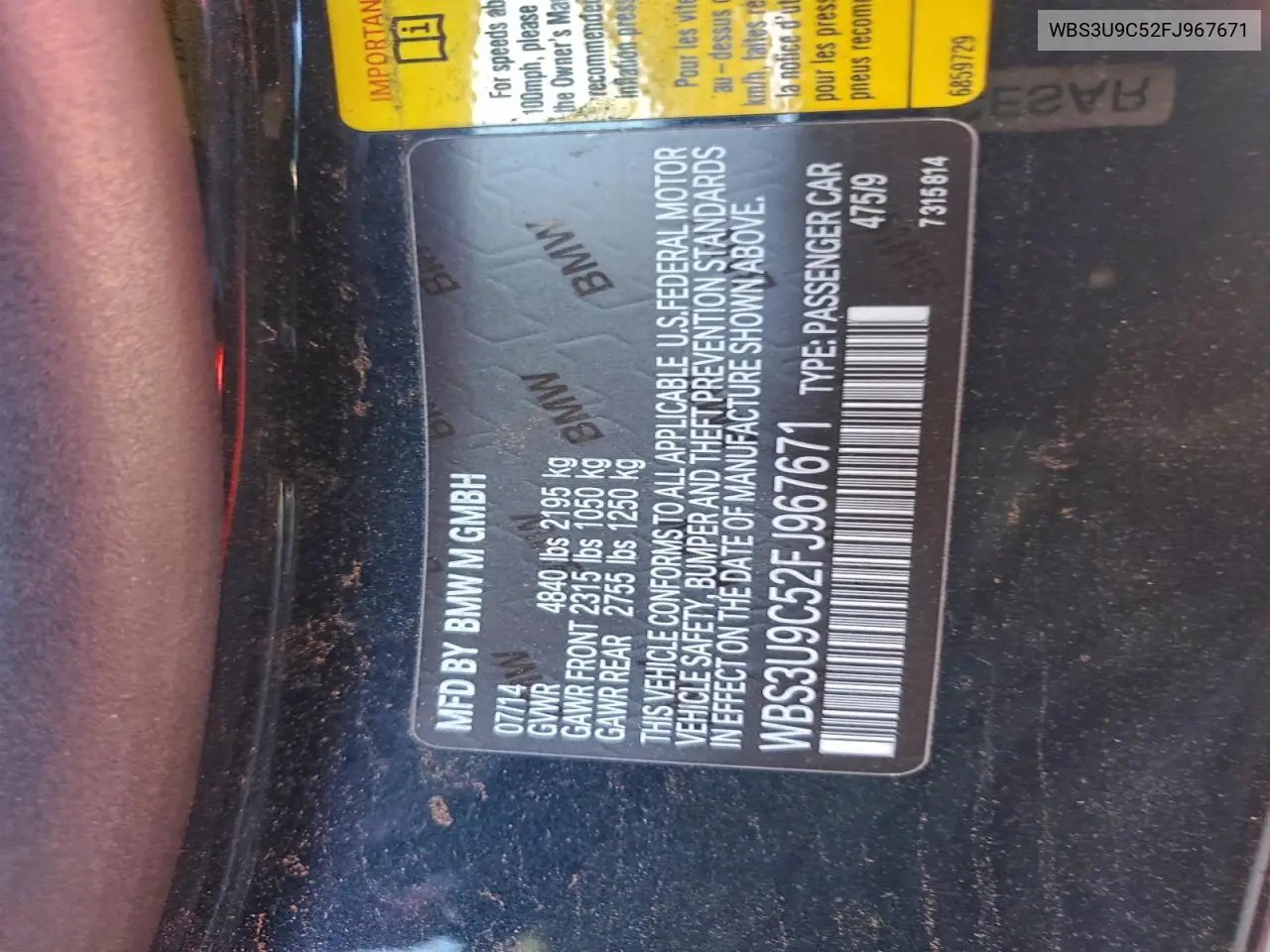 WBS3U9C52FJ967671 2015 BMW M4