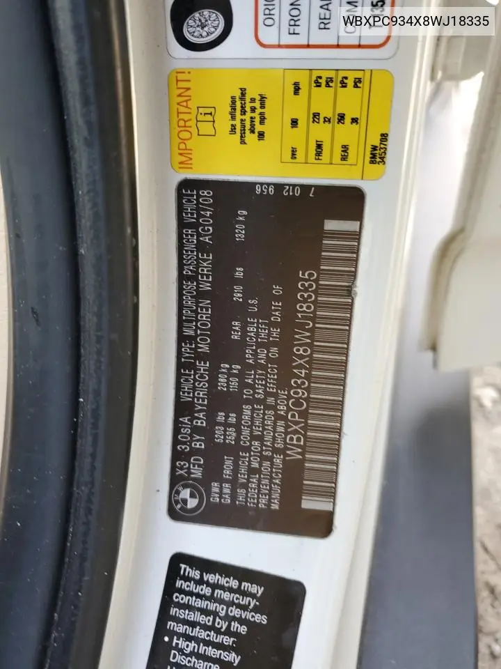WBXPC934X8WJ18335 2008 BMW X3 3.0Si