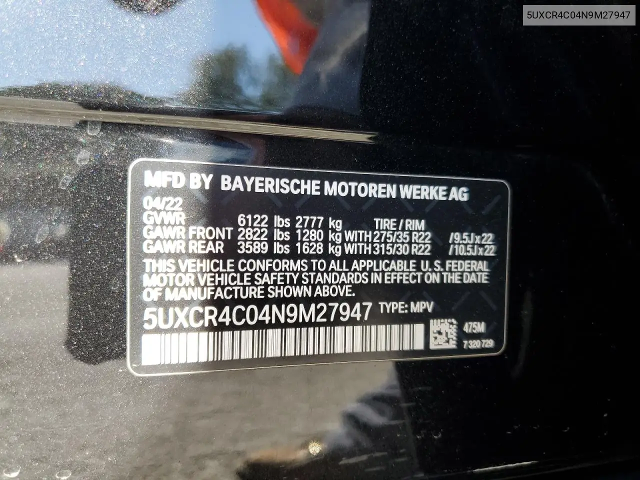 5UXCR4C04N9M27947 2022 BMW X5 Sdrive 40I