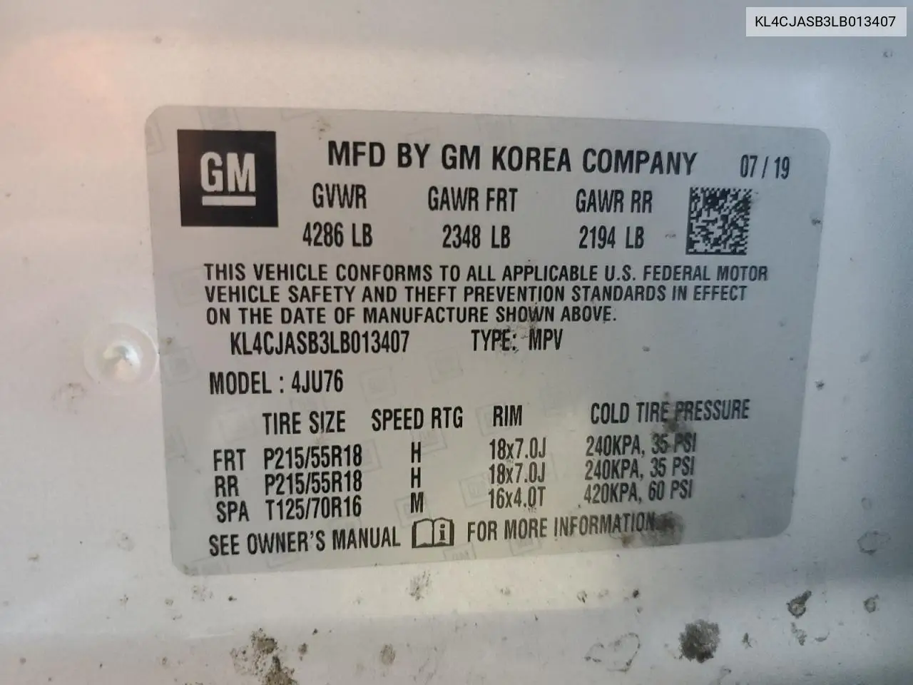 KL4CJASB3LB013407 2020 Buick Encore Preferred