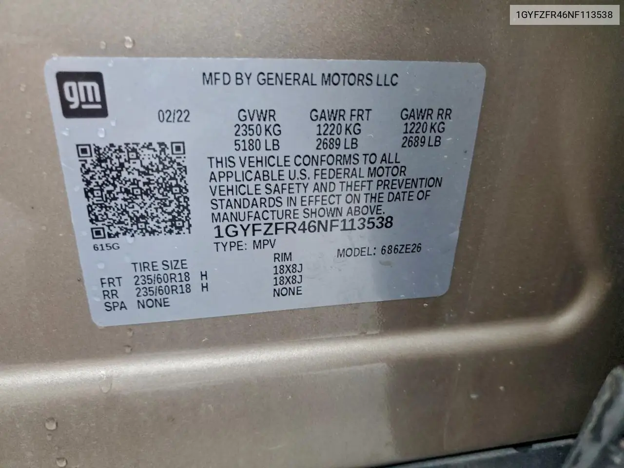 1GYFZFR46NF113538 2022 Cadillac Xt4 Sport