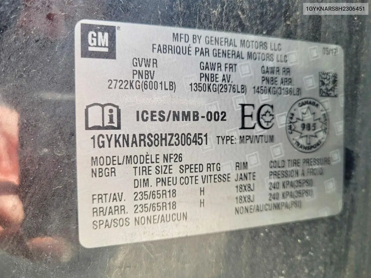 1GYKNARS8HZ306451 2017 Cadillac Xt5 Base