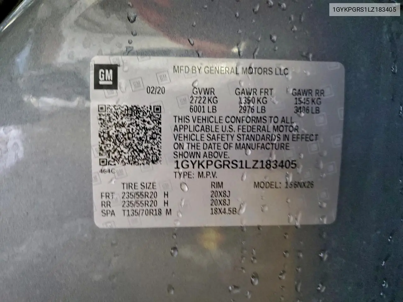 1GYKPGRS1LZ183405 2020 Cadillac Xt6 Sport