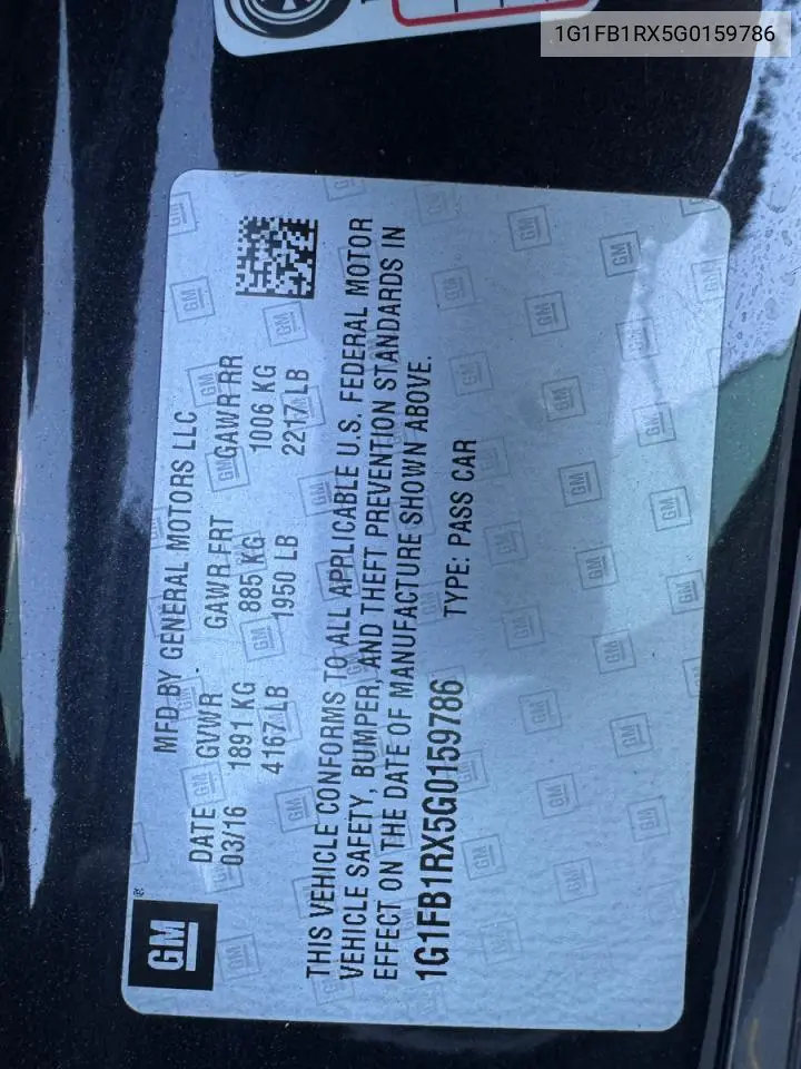 1G1FB1RX5G0159786 2016 Chevrolet Camaro Lt