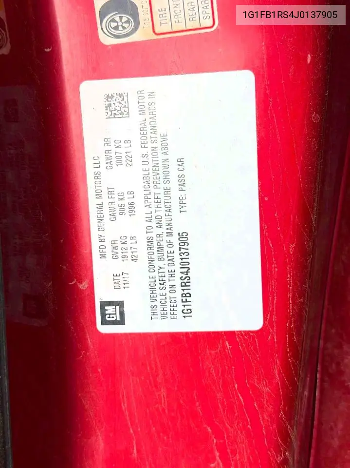 1G1FB1RS4J0137905 2018 Chevrolet Camaro Lt