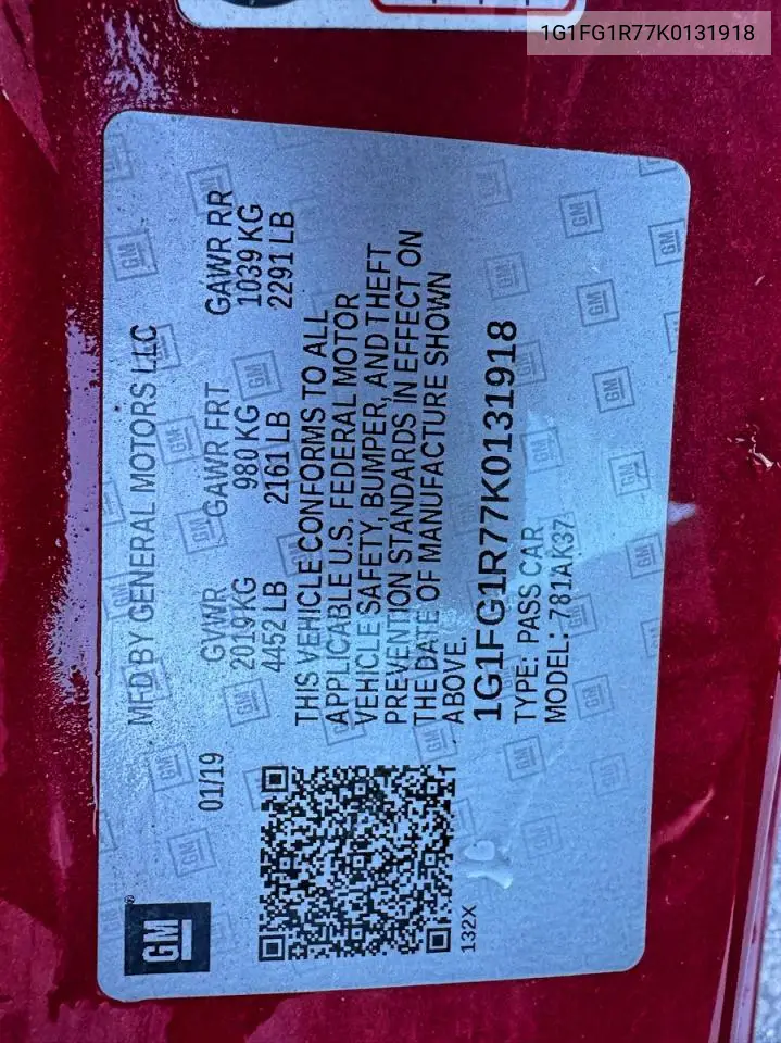 1G1FG1R77K0131918 2019 Chevrolet Camaro Ss