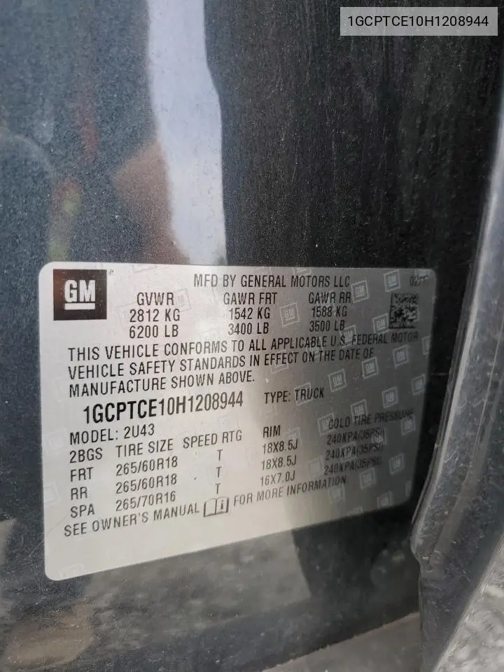1GCPTCE10H1208944 2017 Chevrolet Colorado Lt
