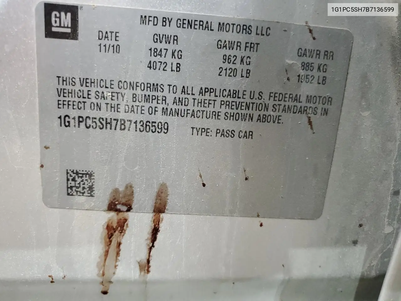 1G1PC5SH7B7136599 2011 Chevrolet Cruze Ls