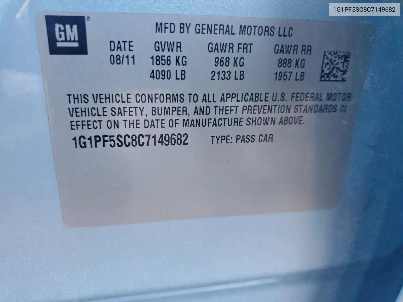 1G1PF5SC8C7149682 2012 Chevrolet Cruze Lt