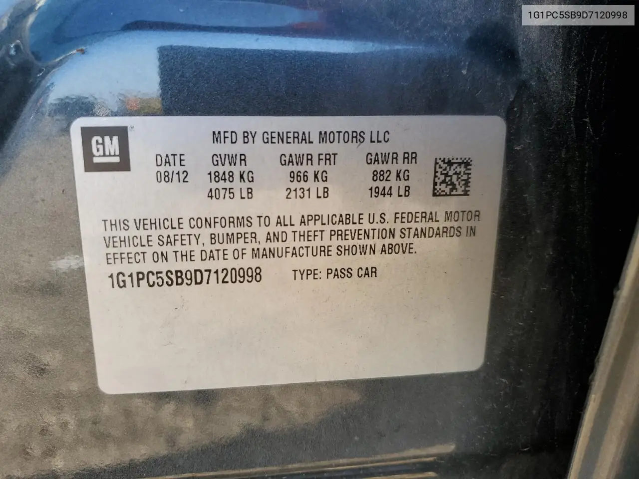 1G1PC5SB9D7120998 2013 Chevrolet Cruze Lt