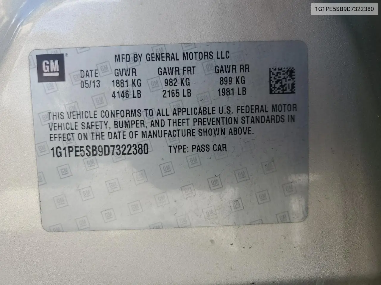 1G1PE5SB9D7322380 2013 Chevrolet Cruze Lt
