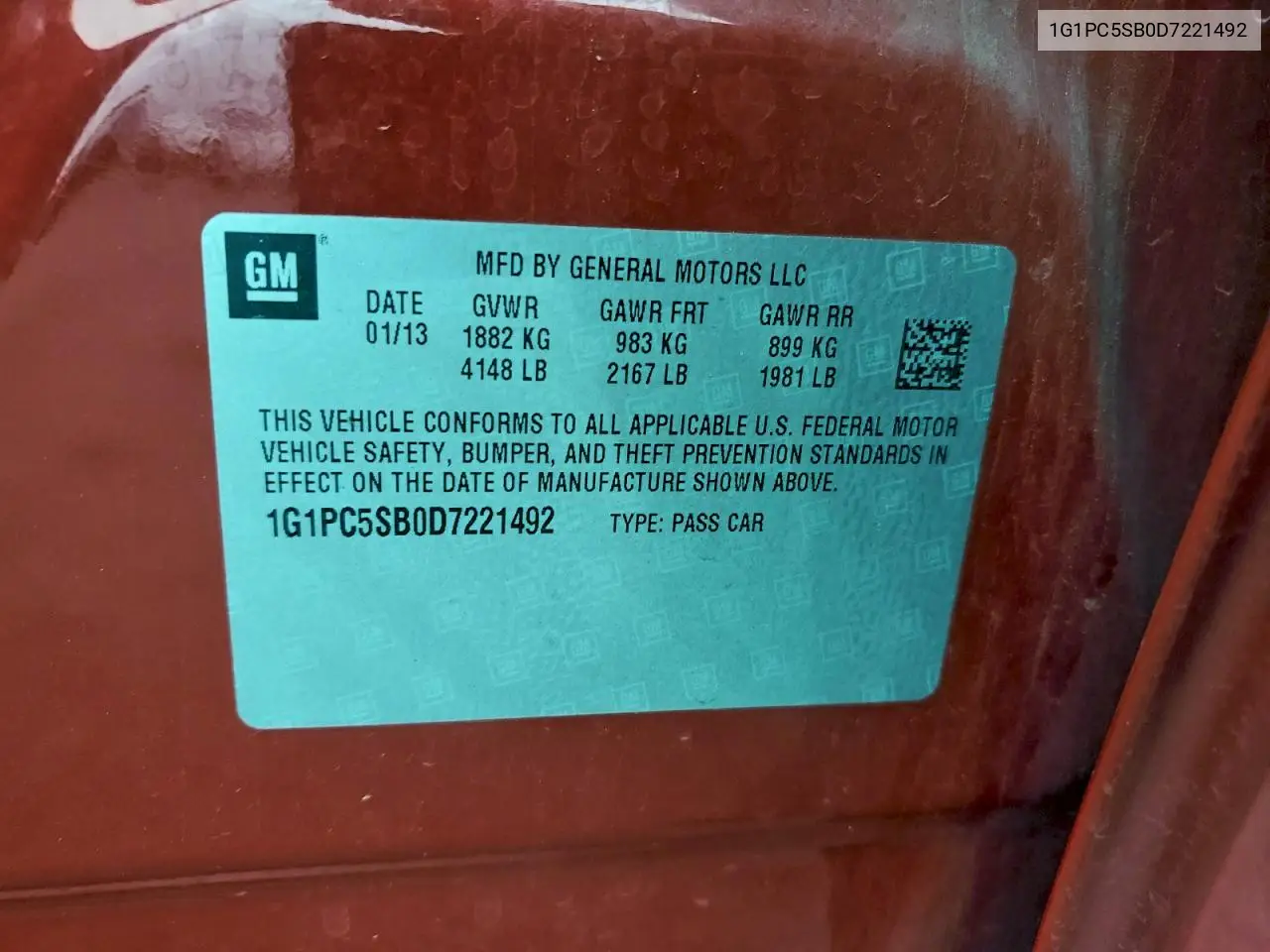 1G1PC5SB0D7221492 2013 Chevrolet Cruze Lt