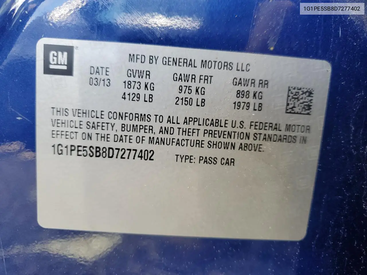 1G1PE5SB8D7277402 2013 Chevrolet Cruze Lt