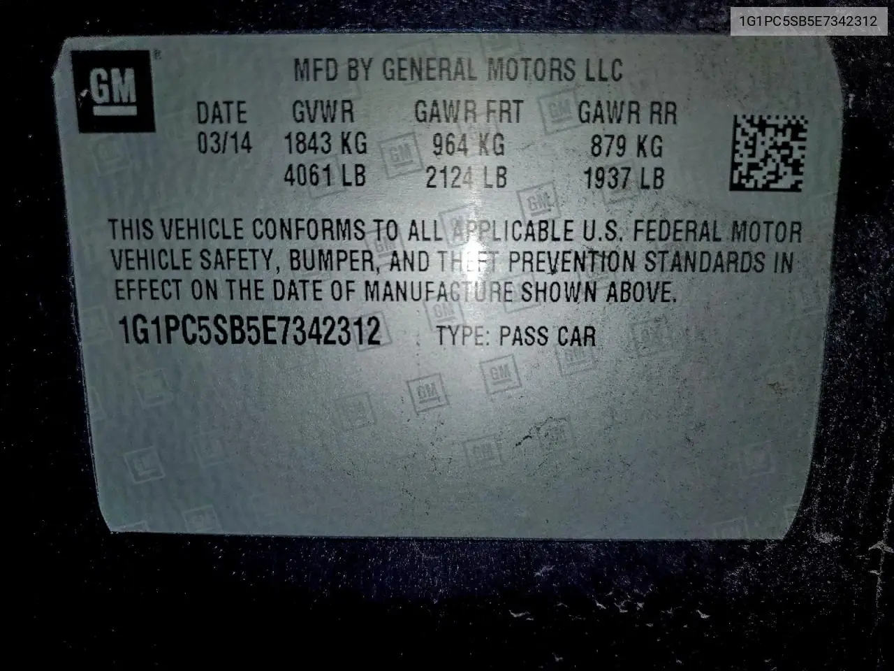 1G1PC5SB5E7342312 2014 Chevrolet Cruze Lt