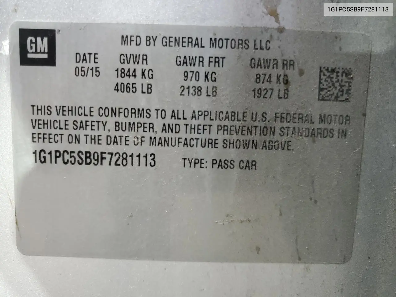 1G1PC5SB9F7281113 2015 Chevrolet Cruze Lt