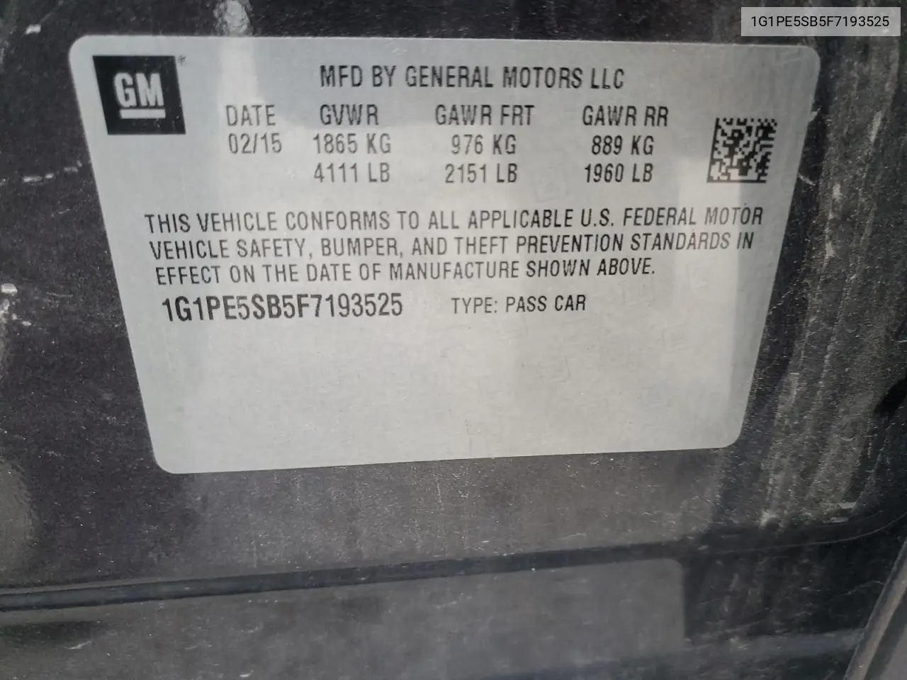1G1PE5SB5F7193525 2015 Chevrolet Cruze Lt